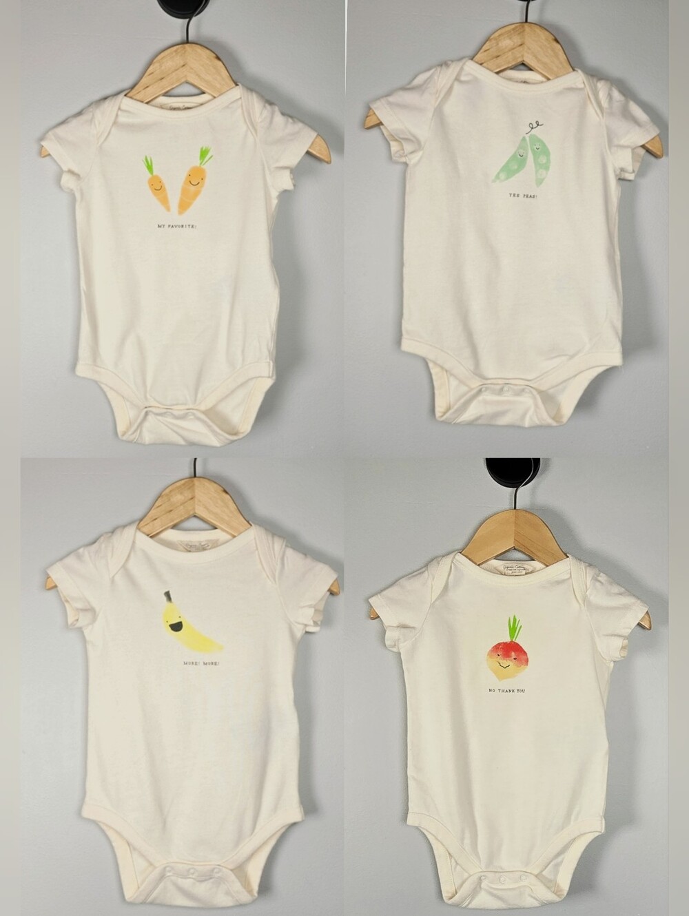 4 Organic Cotton Neutral Cream Short-Sleeve Baby Bodysuit with Fruit/ Veggie